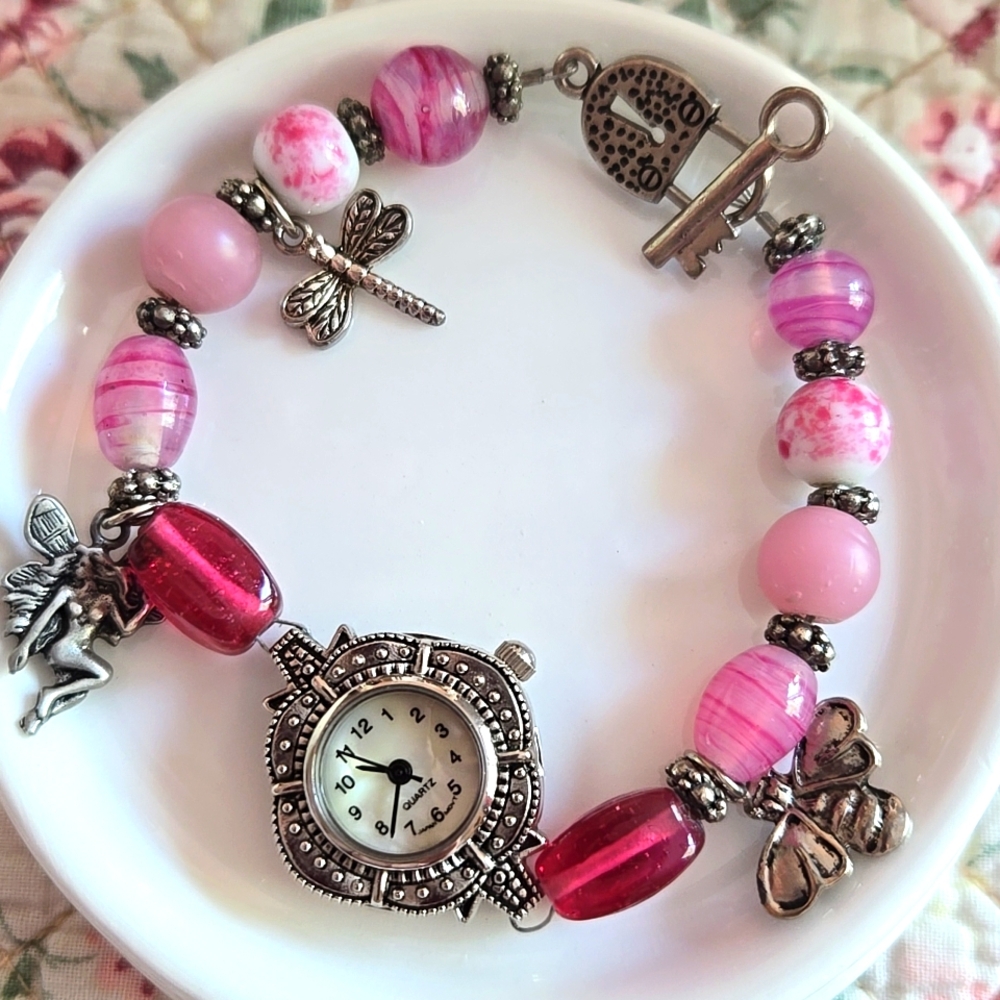 ❤️ Charming Victorian Pink Glass Beaded Watch Bracelet! 7.5" ❤️